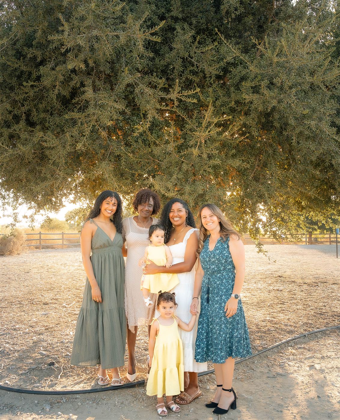 The Safy family, three generations of women with two little girls in yellow dresses beneath a large oak tree